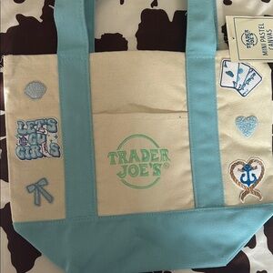 Trader Joe's Blue and Cream Embroidered Tote Bag